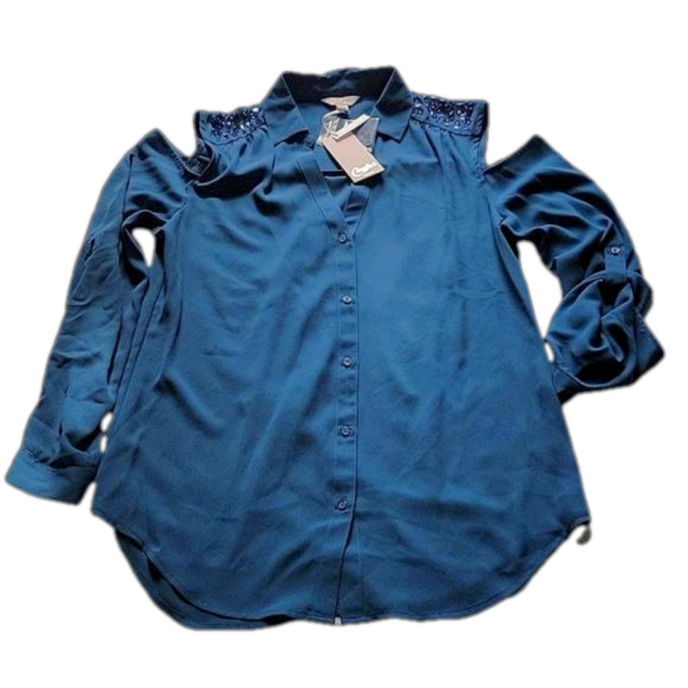 CANDIE'S Teal Cold Shoulder V'neck Roll Sleeve Blouse Top M Medium NWT